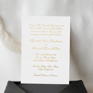 Invitación Con Relieve Metalizado Caligrafía Oro Real y Boda Clásica Blanca