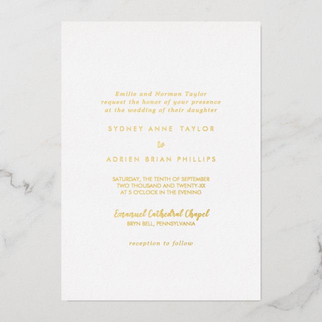 Invitación Con Relieve Metalizado Caligrafía simple Boda tradicional oro (Anverso)