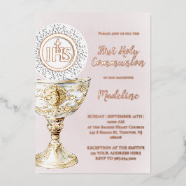 Invitación Con Relieve Metalizado Cáliz anfitrión niña primera comunión