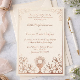 Invitación Con Relieve Metalizado Cáliz de Rosa Oro Primera Comunión Elegancia