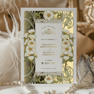 Invitación Con Relieve Metalizado Calla Lily Save the Dates Art Nouveau Mucha