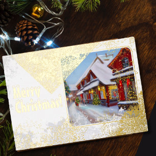 Invitación Con Relieve Metalizado Calle de la ciudad nevada en Navidad