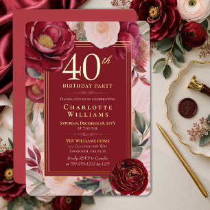 Invitación Con Relieve Metalizado Camelia Floral Roja Elegante Cumpleaños 40 Anivers