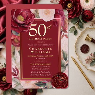 Invitación Con Relieve Metalizado Camelia Floral Roja Elegante Cumpleaños 50 Anivers