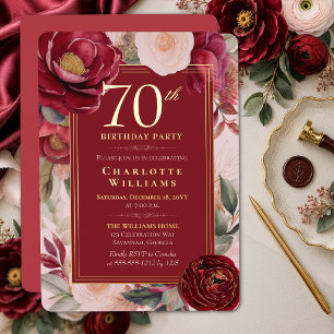 Invitación Con Relieve Metalizado Camelia Floral Roja Elegante Cumpleaños 70 Dorado