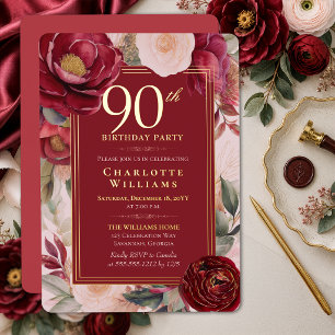 Invitación Con Relieve Metalizado Camelia Floral Roja Elegante Cumpleaños 90 Dorado