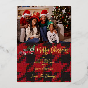 Invitación Con Relieve Metalizado Camión de Feliz Navidad y foto de verificación de