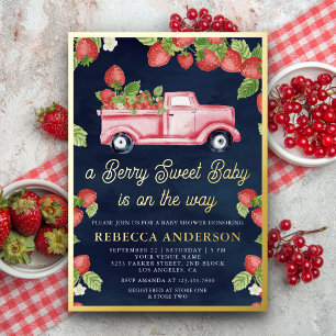 Invitación Con Relieve Metalizado Camión de fresa Berry Sweet Baby Shower Navy Gold