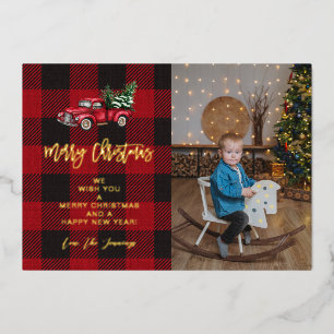 Invitación Con Relieve Metalizado Camión de Navidad y Foto V de Cuadros de Búfalo