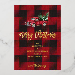 Invitación Con Relieve Metalizado Camión y Merry Christmas de cuadros de Búfalo