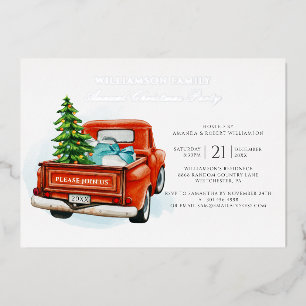 Invitación Con Relieve Metalizado Camioneta Roja de Cuadros Rústicos Fiesta de Navid