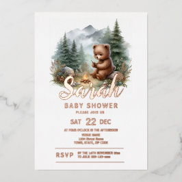 Invitación Con Relieve Metalizado Camping Baby Bear en el Baby Shower de Woods