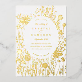 Invitación Con Relieve Metalizado Campo Floral de Flor Silvestre Bordada Oro