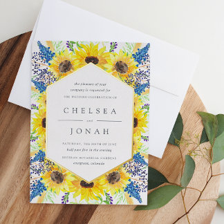 Invitación Con Relieve Metalizado Campos de flores Girasoles Acuarela Floral Boda