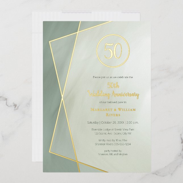 Invitación Con Relieve Metalizado Cañón gris de 50 años con oro (Sobre)