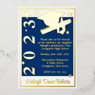 Invitación Con Relieve Metalizado Cap, Diploma & Stars, Blue, White & Gold