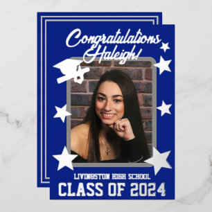 Invitación Con Relieve Metalizado Cap, Diploma, Stars Royal Blue & Silver Graduación