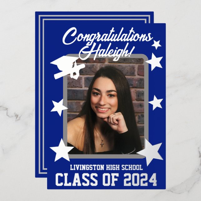 Invitación Con Relieve Metalizado Cap, Diploma, Stars Royal Blue & Silver Graduación (Anverso/Reverso)