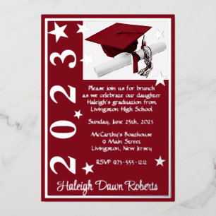 Invitación Con Relieve Metalizado Cap, Diploma y Estrellas, Cardenal Graduación Roja