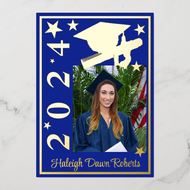 Invitación Con Relieve Metalizado Capa de foto/Diploma/Estrellas, Graduación azul re (Anverso)