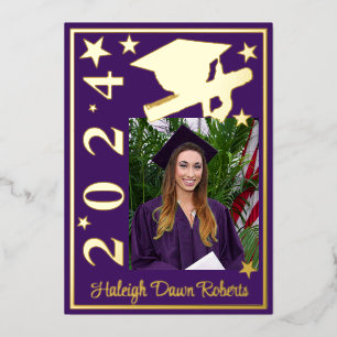Invitación Con Relieve Metalizado Capa fotográfica, diploma y estrellas, graduación