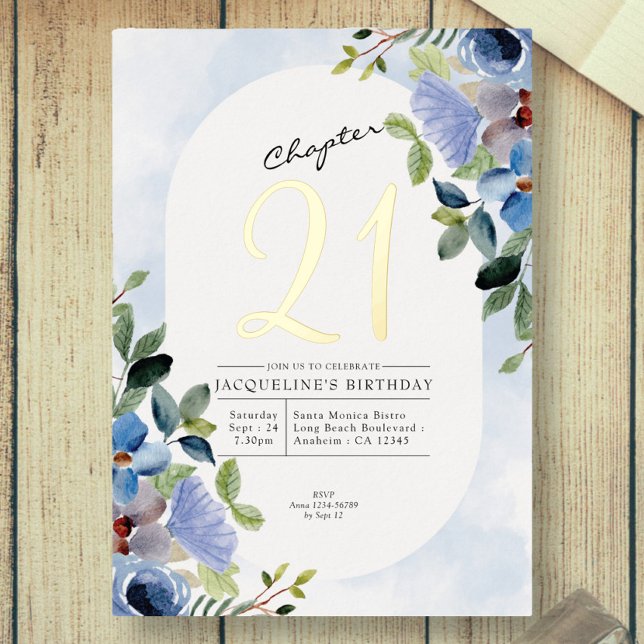 Invitación Con Relieve Metalizado Capítulo 21 Blue Floral 21st Birthday Gold (Subido por el creador)