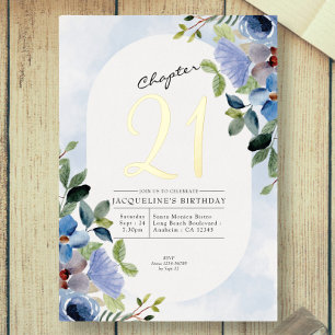Invitación Con Relieve Metalizado Capítulo 21 Floral Azul Cumpleaños 21 Dorado