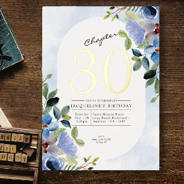 Invitación Con Relieve Metalizado Capítulo 30 Blue Floral 30 cumpleaños Gold