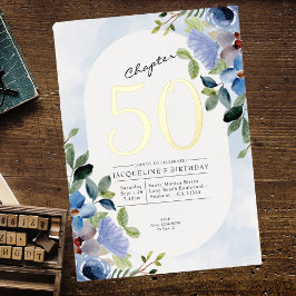 Invitación Con Relieve Metalizado Capítulo 50 Blue Floral 50 cumpleaños Gold