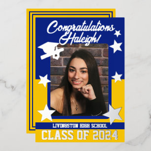 Invitación Con Relieve Metalizado Cápsula, Diploma, Estrellas, Graduación Real Azul