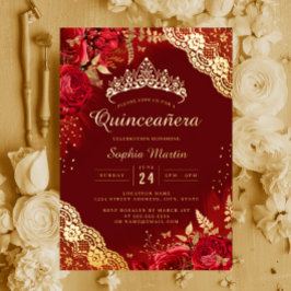 Invitación Con Relieve Metalizado Cara floral dorada roja Quinceanera
