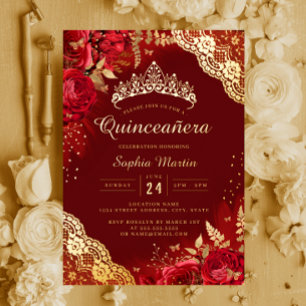 Invitación Con Relieve Metalizado Cara floral dorada roja Quinceanera