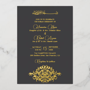 Invitación Con Relieve Metalizado Carboncillo Artístico Floral Paisley Musulmán Boda