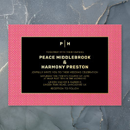 Invitación Con Relieve Metalizado Carnaby Confetti Gold Boda negro rosado