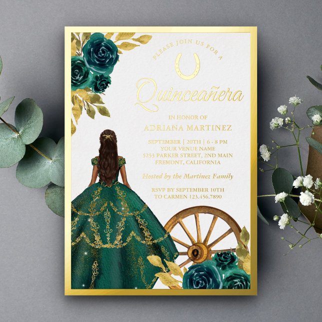 Invitación Con Relieve Metalizado Carro verde esmeralda Vestido floral Quinceanera G (Subido por el creador)
