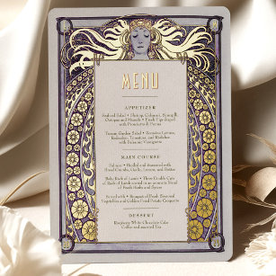 Invitación Con Relieve Metalizado Carta de menú Lavender Art Nouveau Mucha Decoració