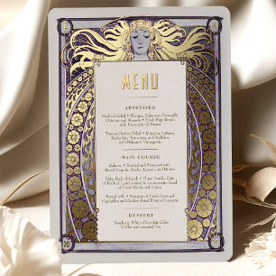 Invitación Con Relieve Metalizado Carta de menú Lavender Art Nouveau Mucha Decoració