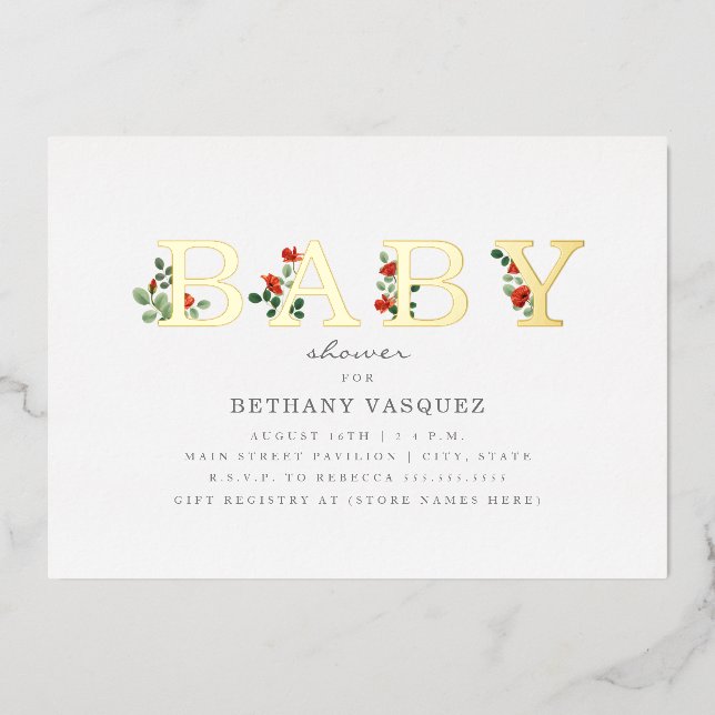 Invitación Con Relieve Metalizado Cartas botánicas lapidarios Baby Shower Gold (Anverso)