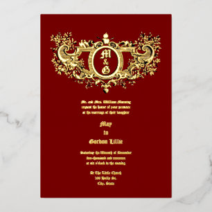 Invitación Con Relieve Metalizado Cartela Barroca Rococó con Corazones y Pájaros en