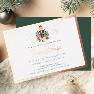 Invitación Con Relieve Metalizado Casa Abierta de Navidad Cascanueces Rosa Dorado Na