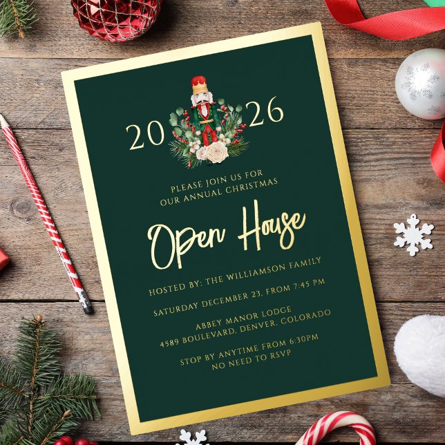 Invitación Con Relieve Metalizado Casa Abierta de Navidad con Cascanueces Fiesta (Holiday Open House Nutcracker Christmas Party Foil Invitation)