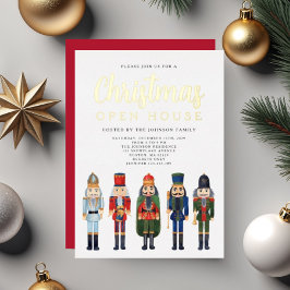Invitación Con Relieve Metalizado Casa Abierta de Navidad con Cascanueces Rojo Dorad