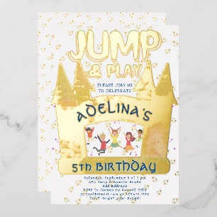 Invitación Con Relieve Metalizado Casa de Rebote Salta Juega Gimnasia Cumpleaños Niñ