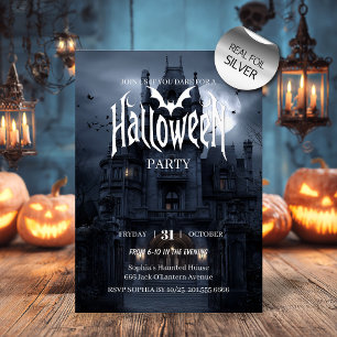 Invitación Con Relieve Metalizado Casa Embrujada bajo la Luz de la Luna – Fiesta Mis