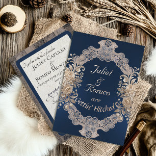 Invitación Con Relieve Metalizado Casados Madera y Encaje - Azul