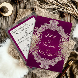 Invitación Con Relieve Metalizado Casados Madera y Encaje - Ciruela