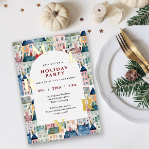 Invitación Con Relieve Metalizado Casas de Acuarela Navideñas Fiesta Feliz Navidad