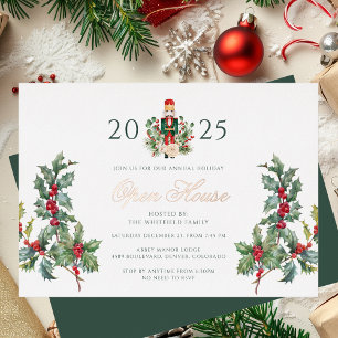 Invitación Con Relieve Metalizado Cascanueces de Navidad Casa Abierta Fiesta Rosa Do