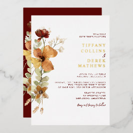 Invitación Con Relieve Metalizado Caso de caída de Naranja quemado con flores rustic