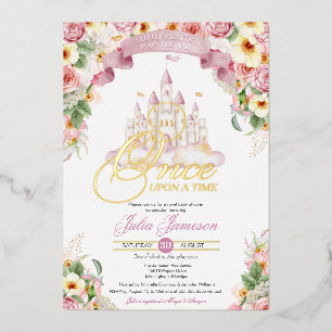 Invitación Con Relieve Metalizado Castillo de Princesa Pequeña Fiesta de Bebé Real C